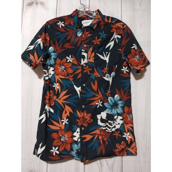 GoodFellow Shirt Men's Small Slim Navy Orange Button Front Short Sleeve Tropical - Picture 1 of 8